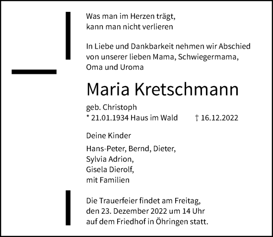 Traueranzeige von Maria Kretschmann von GESAMT