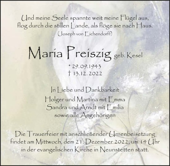 Traueranzeige von Maria Preiszig von GESAMT