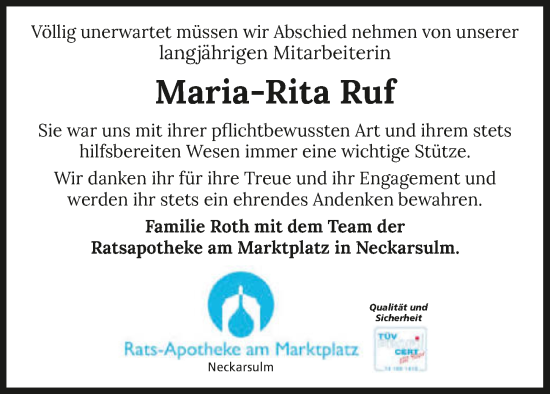 Traueranzeige von Maria-Rita Ruf von Heilbronner Stimme