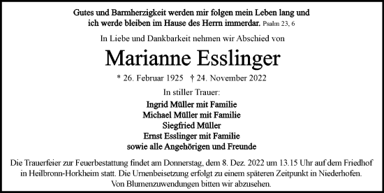 Traueranzeige von Marianne Esslinger von Heilbronner Stimme