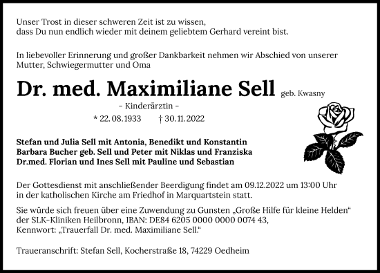 Traueranzeige von Maximiliane Sell von Heilbronner Stimme