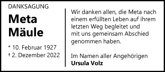 Traueranzeige von Meta Mäule von GESAMT