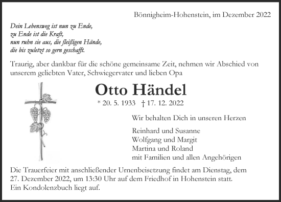 Traueranzeige von Otto Händel von GESAMT