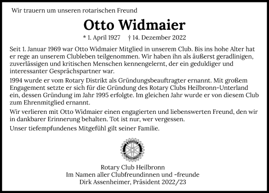 Traueranzeige von Otto Widmaier von GESAMT
