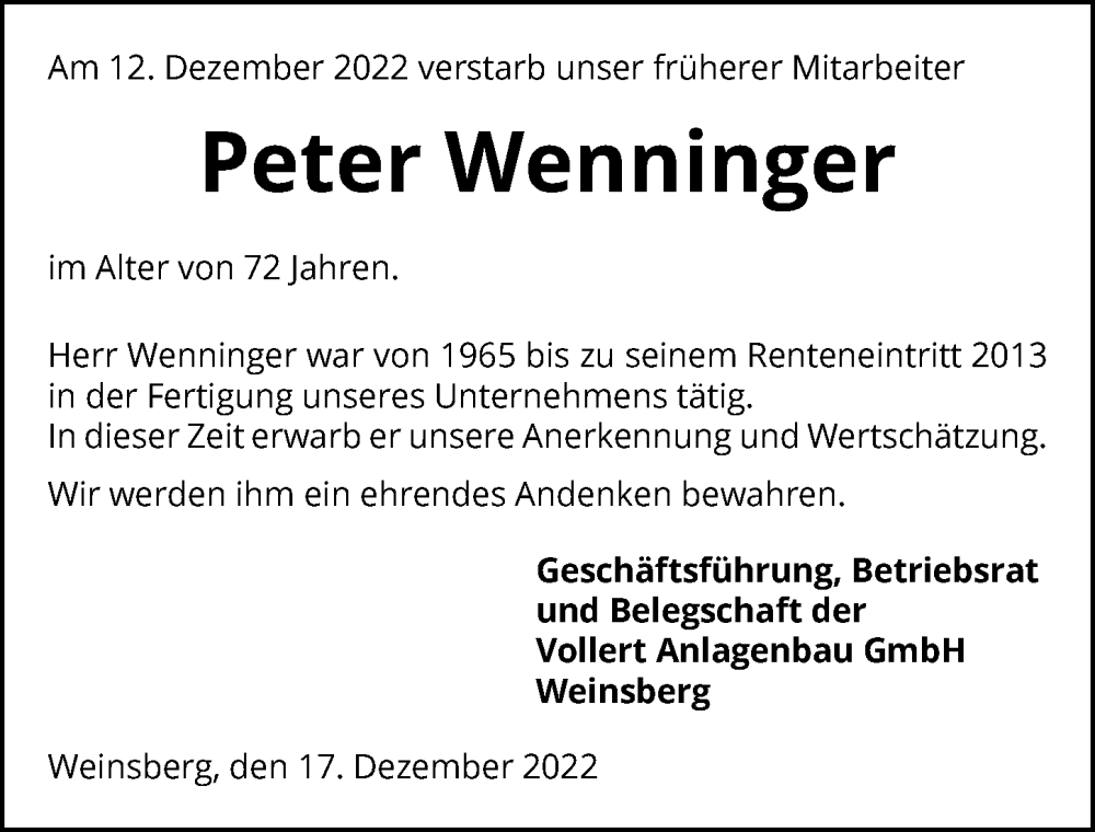  Traueranzeige für Peter Wenninger vom 17.12.2022 aus GESAMT