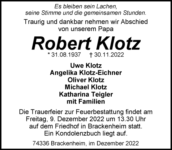 Traueranzeige von Robert Klotz von Heilbronner Stimme