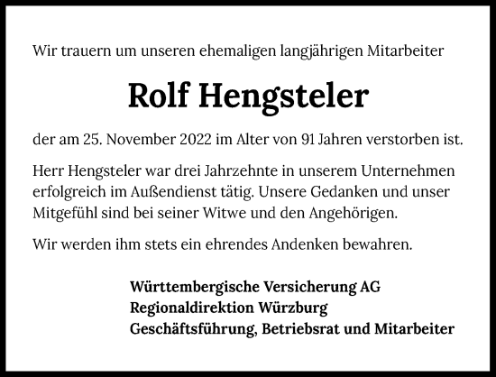 Traueranzeige von Rolf Hengsteler von Heilbronner Stimme