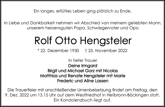Traueranzeige von Rolf Otto Hengsteler von Heilbronner Stimme