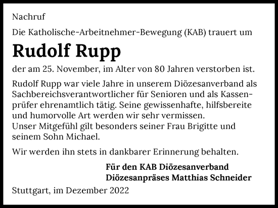 Traueranzeige von Rudolf Rupp von Heilbronner Stimme