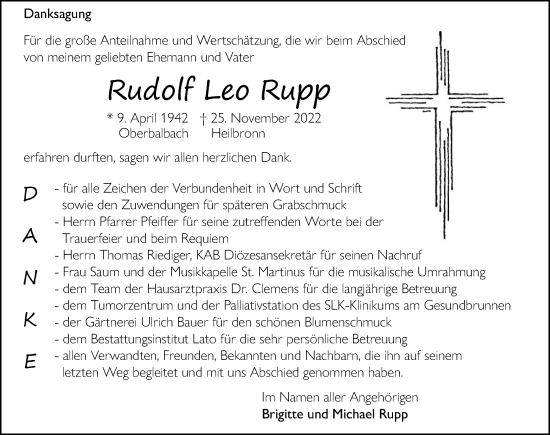Traueranzeige von Rudolf Leo Rupp von GESAMT