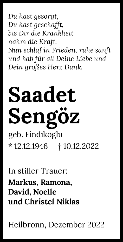 Traueranzeige von Saadet Sengöz von GESAMT