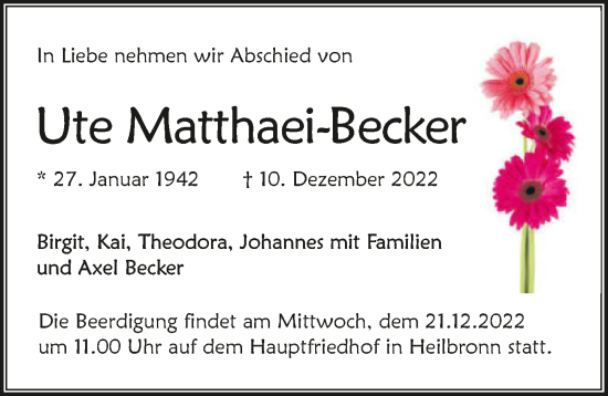 Traueranzeige von Ute Matthaei-Becker von GESAMT