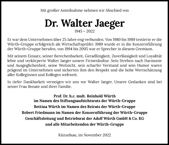 Traueranzeige von Walter Jaeger von Heilbronner Stimme
