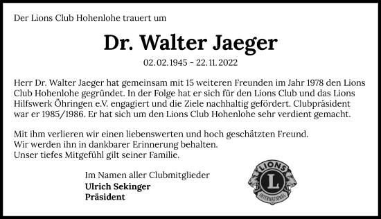 Traueranzeige von Walter Jaeger von Heilbronner Stimme