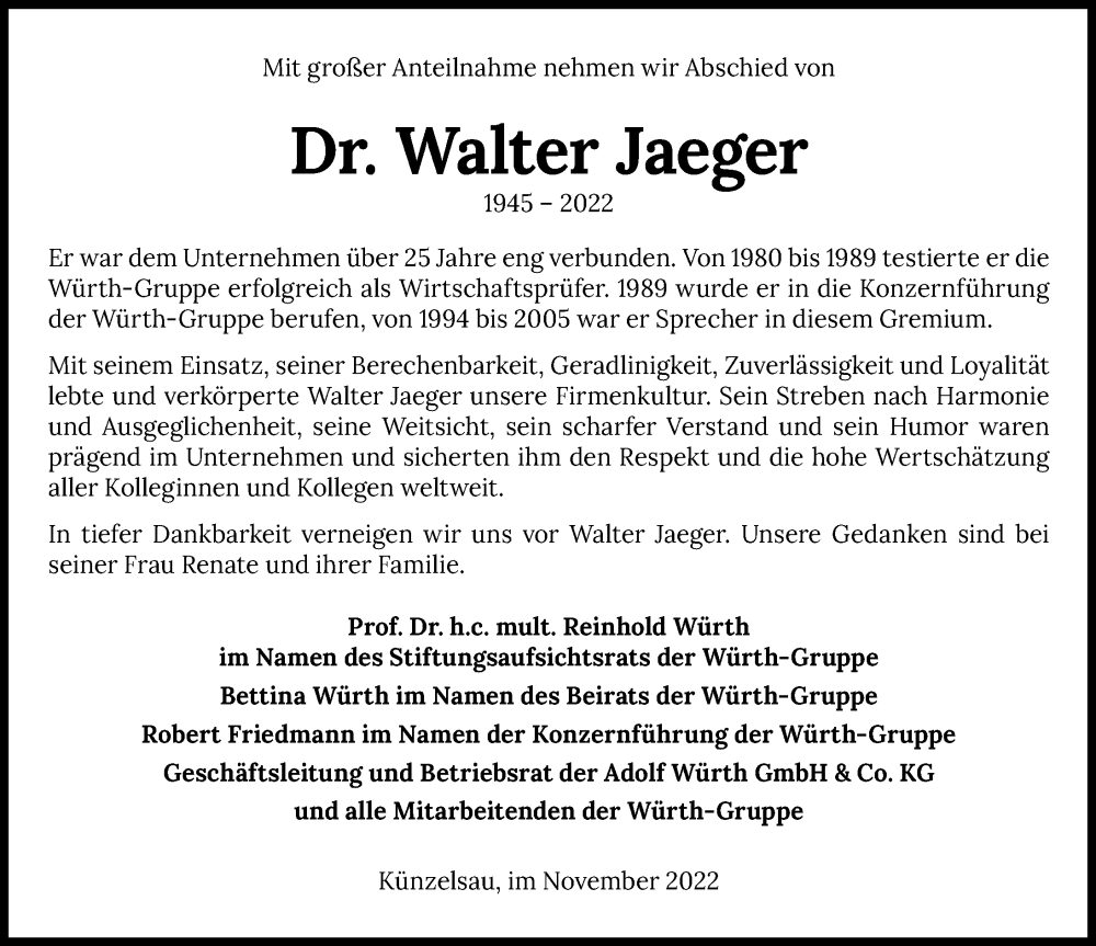  Traueranzeige für Walter Jaeger vom 03.12.2022 aus Heilbronner Stimme
