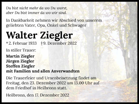 Traueranzeige von Walter Ziegler von GESAMT