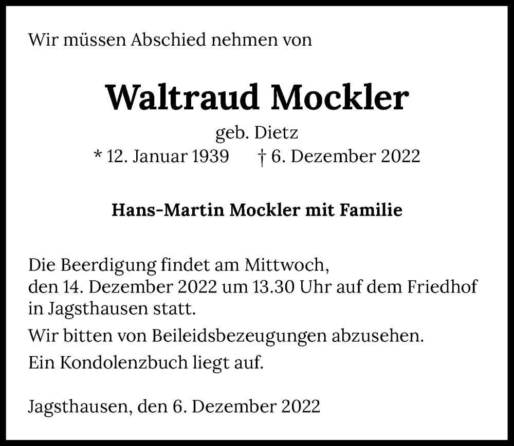  Traueranzeige für Waltraud Mockler vom 12.12.2022 aus GESAMT