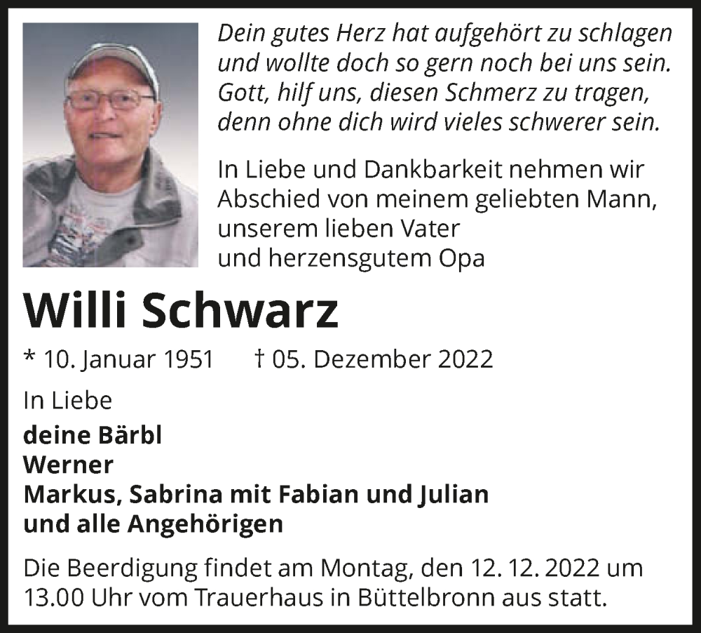  Traueranzeige für Willi Schwarz vom 08.12.2022 aus GESAMT