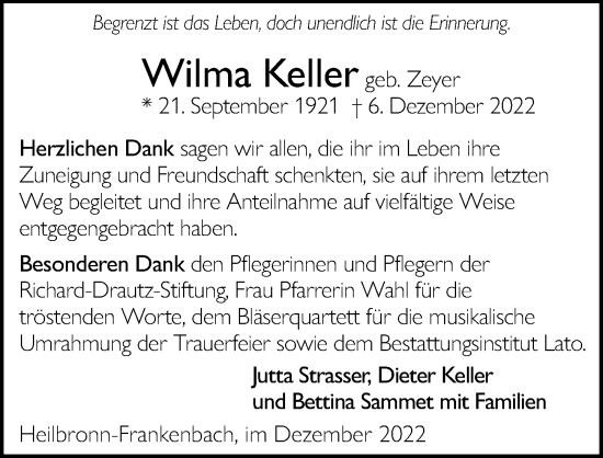 Traueranzeige von Wilma Keller von GESAMT