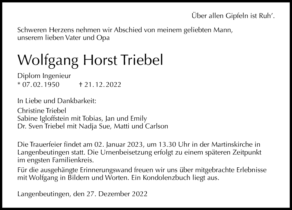  Traueranzeige für Wolfgang Horst vom 27.12.2022 aus GESAMT