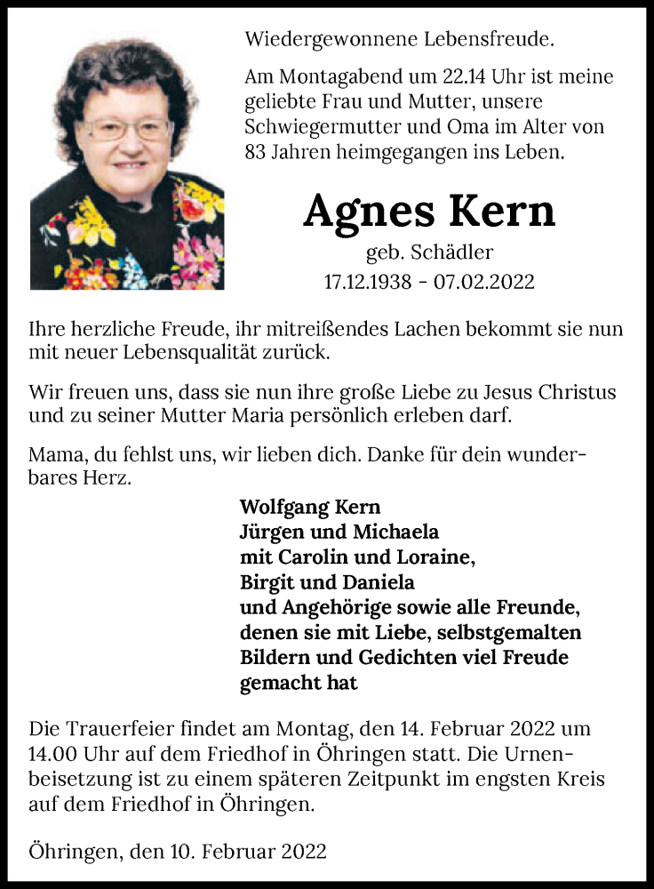 Traueranzeigen von Agnes Kern | www.trauerundgedenken.de