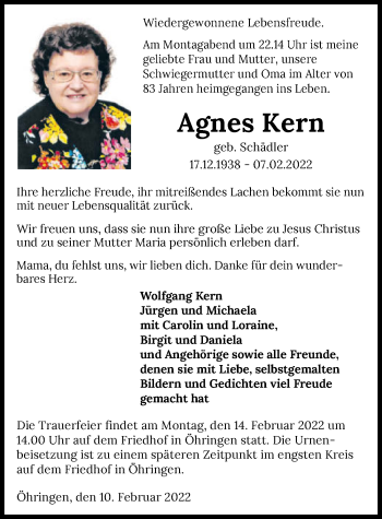 Traueranzeige von Agnes Kern von GESAMT