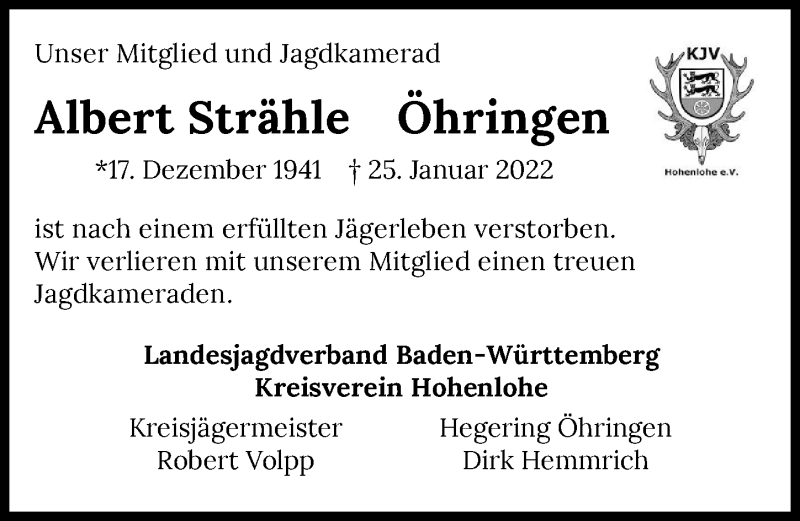  Traueranzeige für Albert Strähle vom 08.02.2022 aus GESAMT