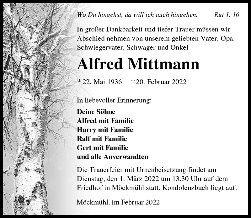  Traueranzeige für Alfred Mittmann vom 23.02.2022 aus GESAMT