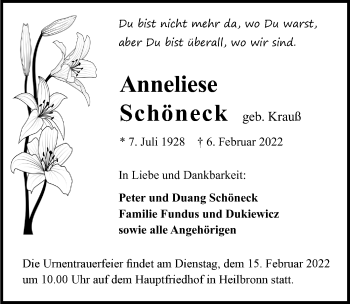 Traueranzeige von Anneliese Schöneck von GESAMT