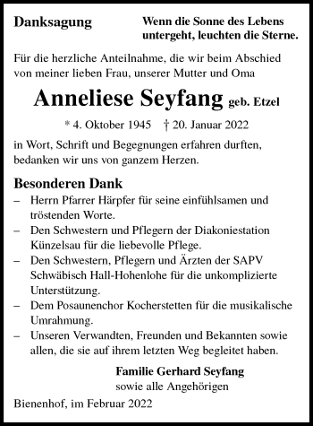 Traueranzeige von Anneliese Seyfang von GESAMT