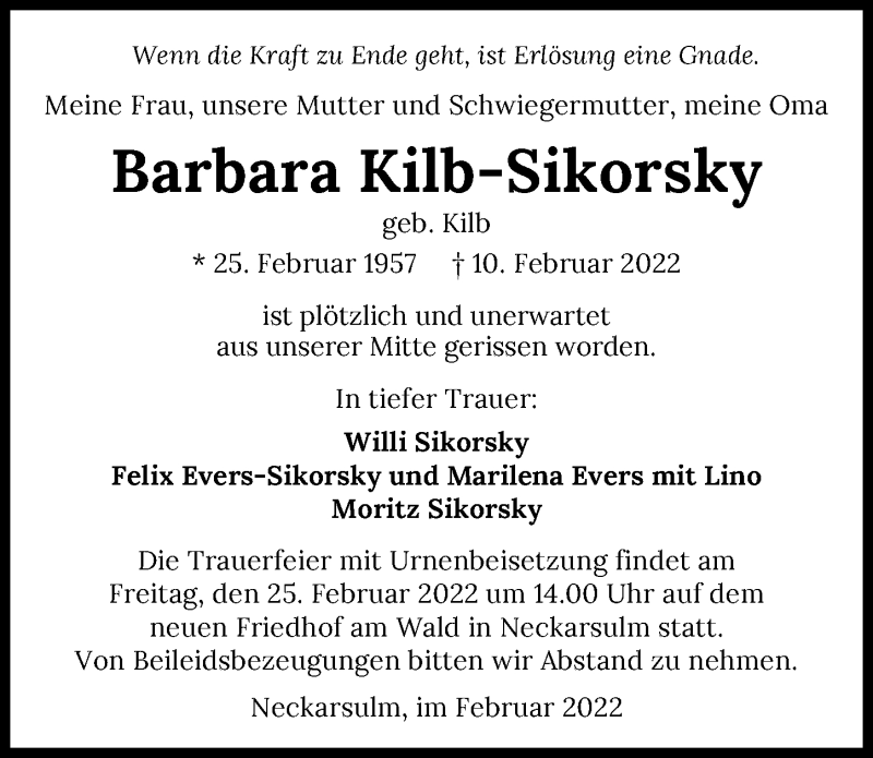  Traueranzeige für Barbara Kilb-Sikorsky vom 19.02.2022 aus GESAMT