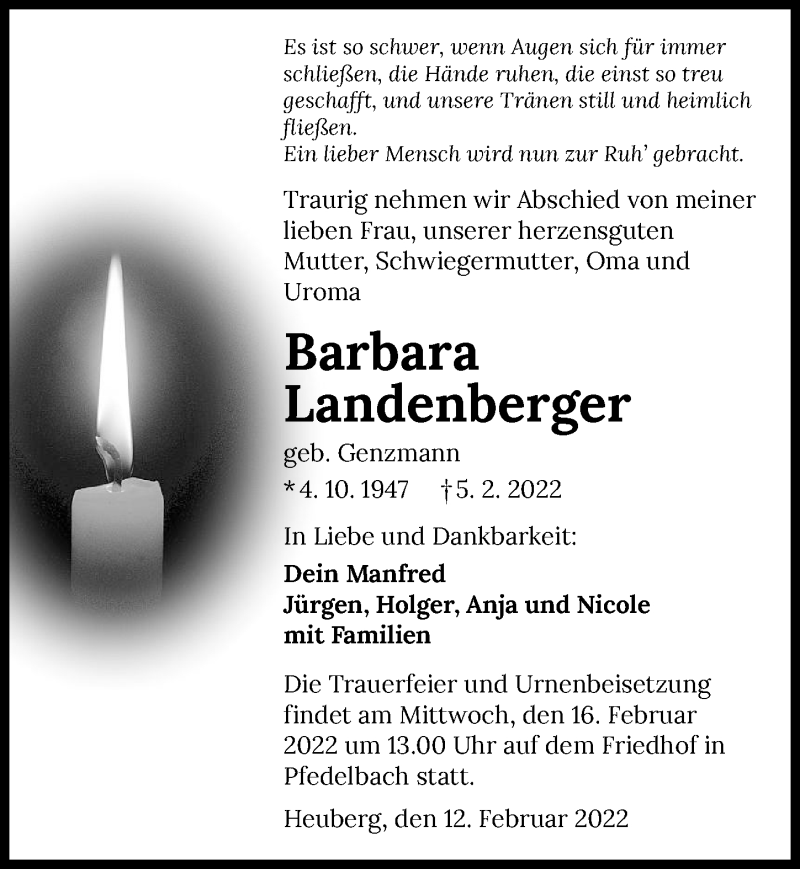  Traueranzeige für Barbara Landenberger vom 12.02.2022 aus GESAMT