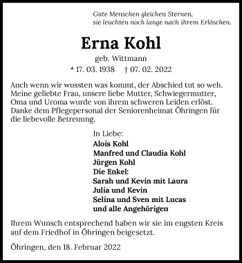 Traueranzeige von Erna Kohl von GESAMT