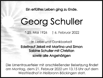 Traueranzeige von Georg Schuller von GESAMT