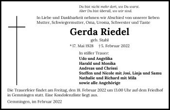 Traueranzeige von Gerda Riedel von GESAMT