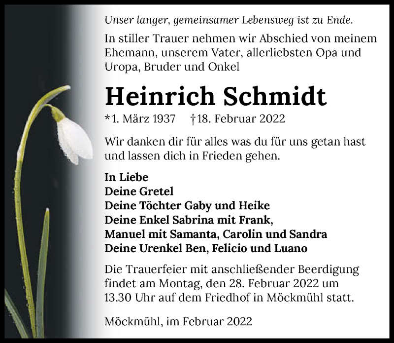  Traueranzeige für Heinrich Schmidt vom 24.02.2022 aus GESAMT