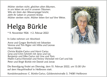 Traueranzeige von Helga Bürkle von GESAMT