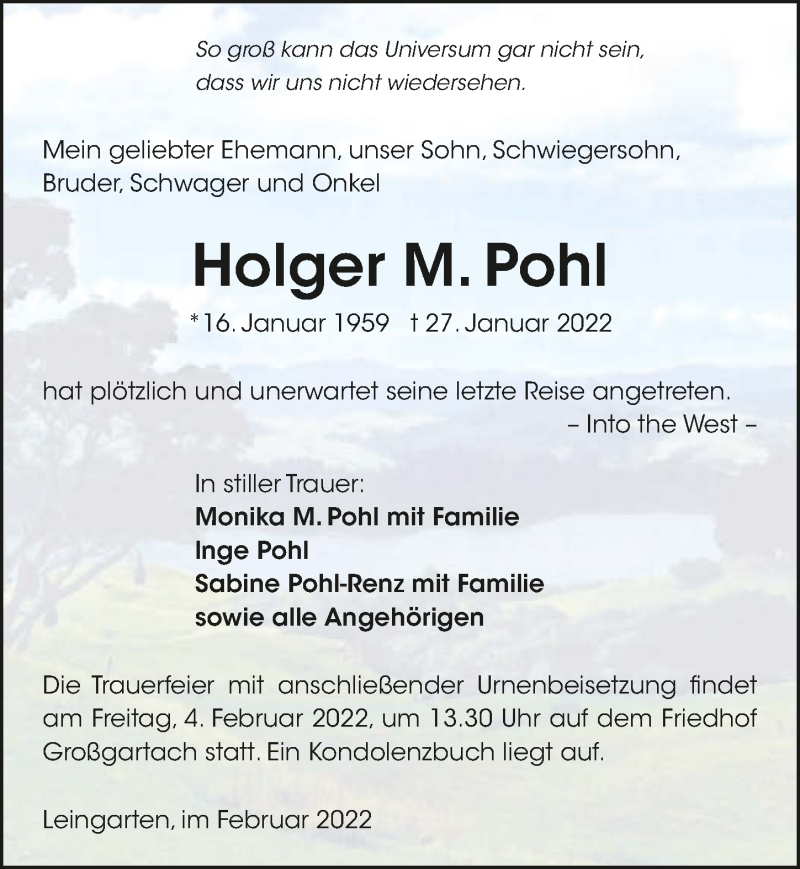  Traueranzeige für Holger M. Pohl vom 02.02.2022 aus GESAMT