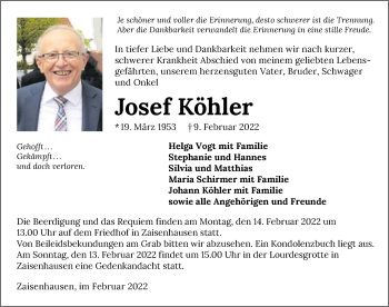 Traueranzeige von Josef Köhler von GESAMT