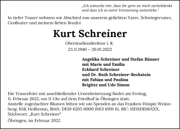 Traueranzeige von Kurt Schreiner von GESAMT