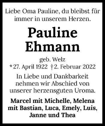 Traueranzeige von Pauline Ehmann von GESAMT