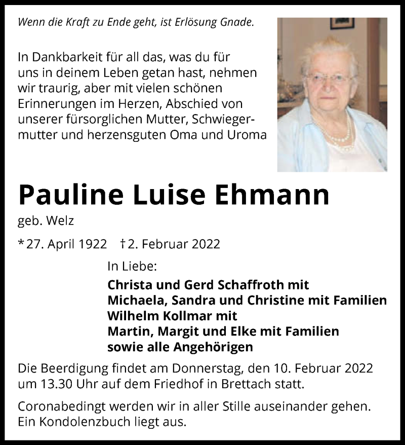  Traueranzeige für Pauline Luise Ehmann vom 08.02.2022 aus GESAMT