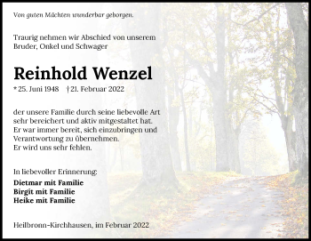 Traueranzeige von Reinhold Wenzel von GESAMT