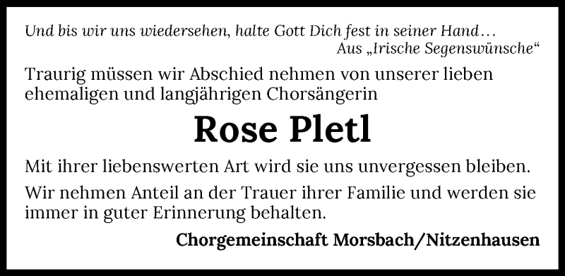 Traueranzeige für Rose Pletl vom 16.02.2022 aus GESAMT