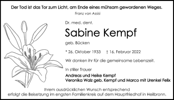 Traueranzeige von Sabine Kempf von GESAMT