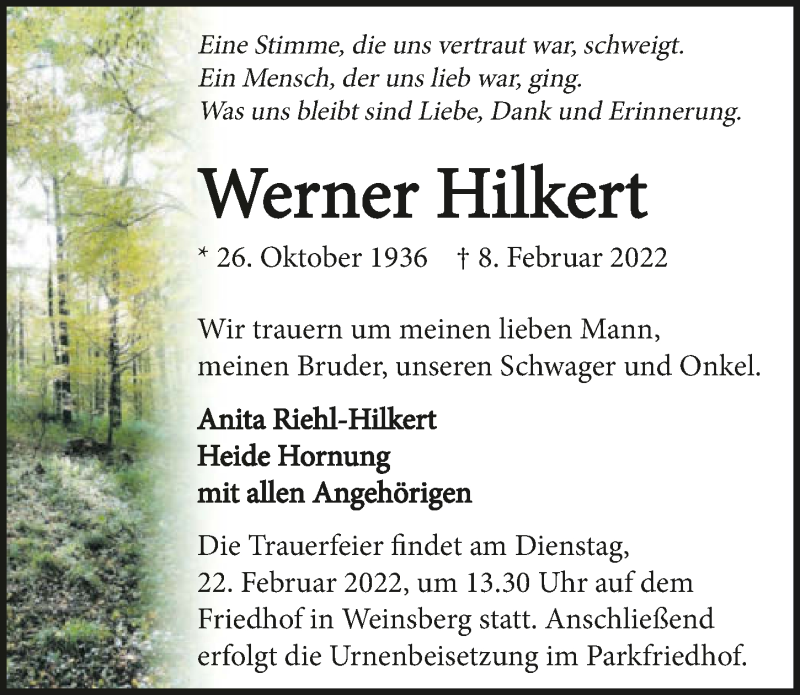  Traueranzeige für Werner Hilkert vom 16.02.2022 aus GESAMT