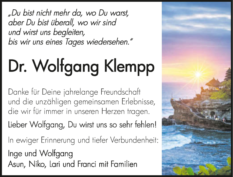  Traueranzeige für Wolfgang Klempp vom 12.02.2022 aus GESAMT