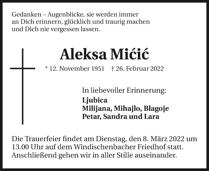  Traueranzeige für Aleksa Micic vom 05.03.2022 aus GESAMT