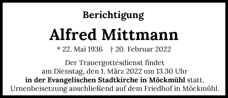  Traueranzeige für Alfred Mittmann vom 26.02.2022 aus GESAMT