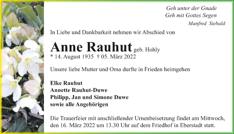  Traueranzeige für Anne Rauhut vom 12.03.2022 aus GESAMT